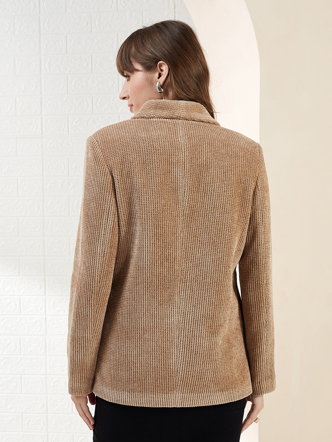 Latin Quarters Women Light Brown Ribbed Collar Full Sleeve Casual Blazer