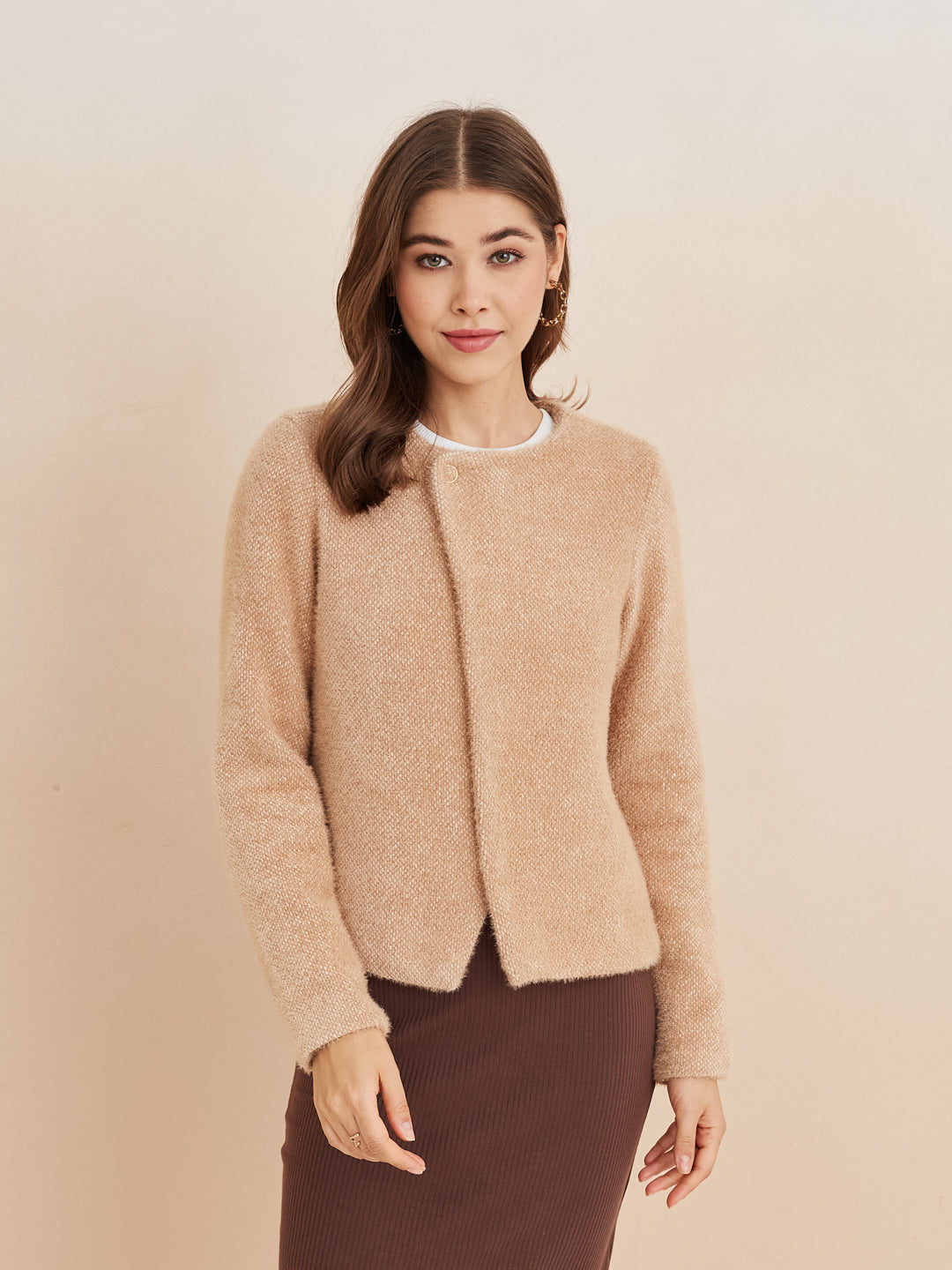 Latin Quarters Women'S Beige Round Neck Full Sleeves Solid Casual Jacket