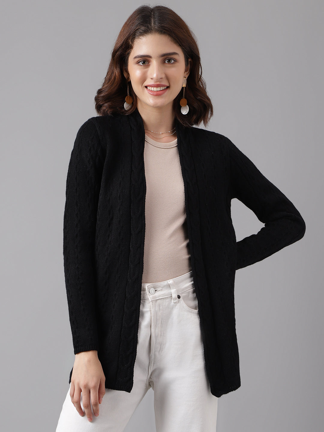 Black Full Sleeve Solid Straight Shrug For Women Girls