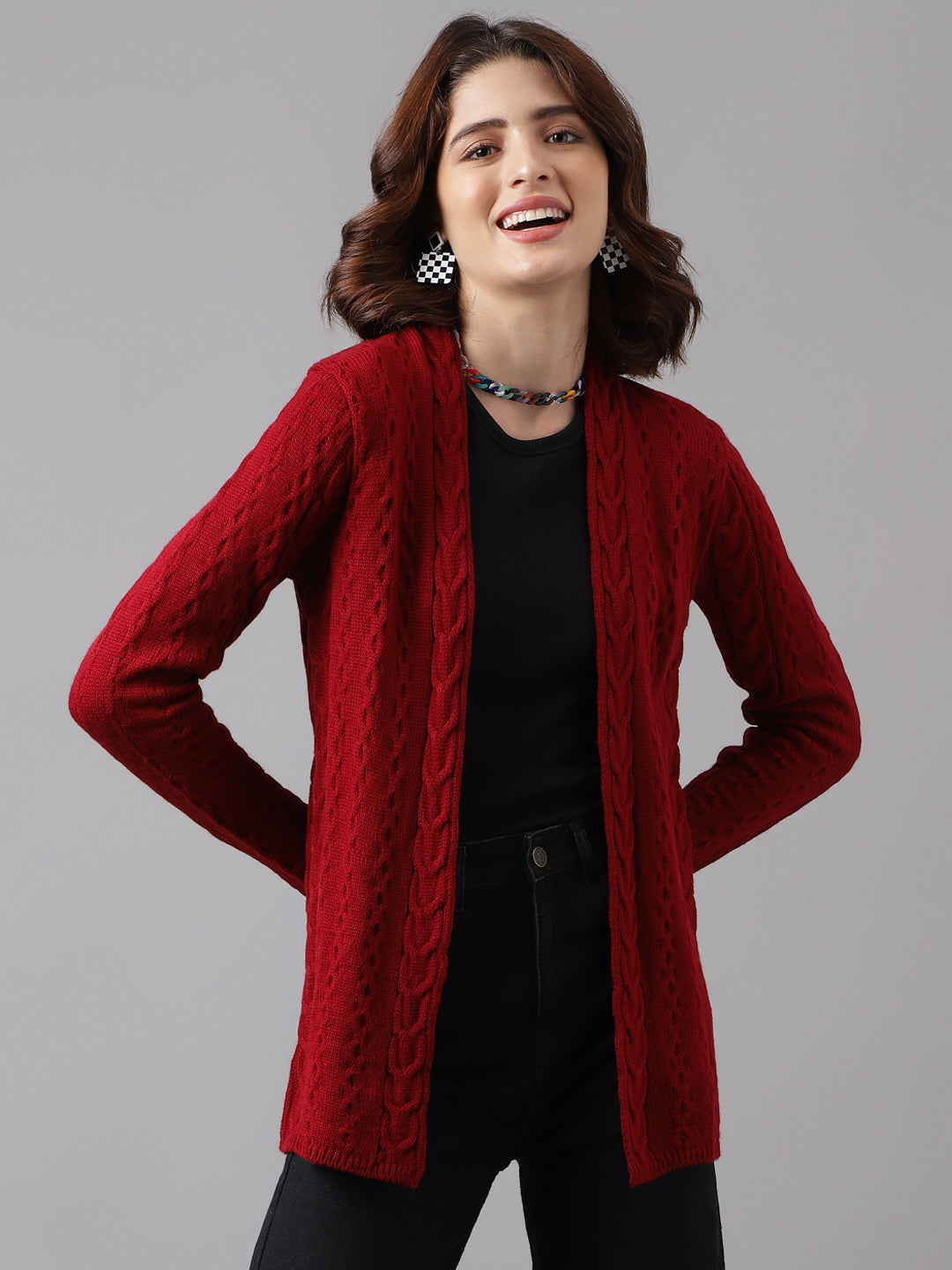 Women Red Full Sleeve Solid Straight Shrug For Casual