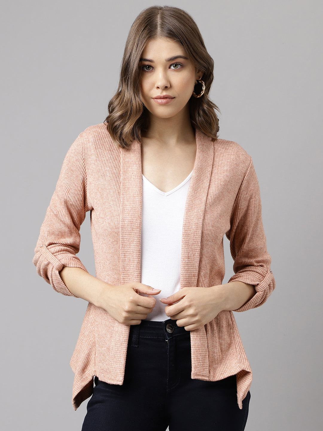 Brown Full Sleeve Solid Rayon Shrug