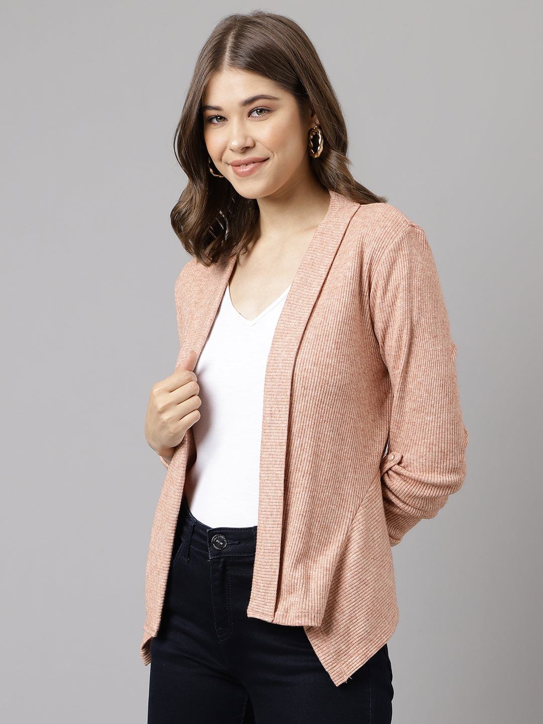 Brown Full Sleeve Solid Rayon Shrug