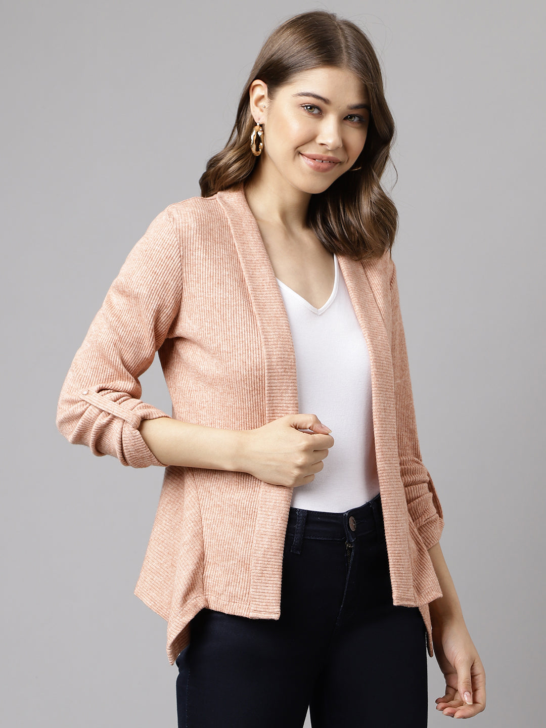 Brown Full Sleeve Solid Rayon Shrug