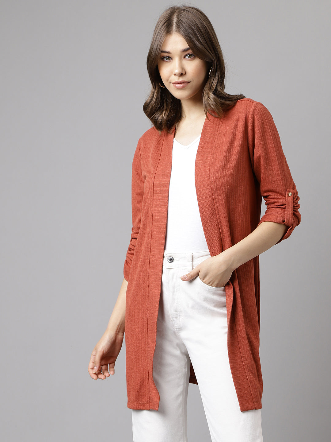 Rust Full Sleeve Solid Rayon Shrug