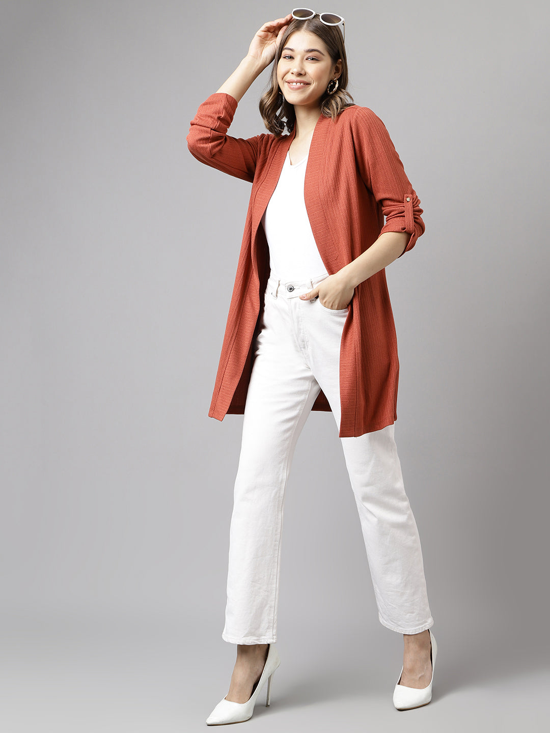 Rust Full Sleeve Solid Rayon Shrug