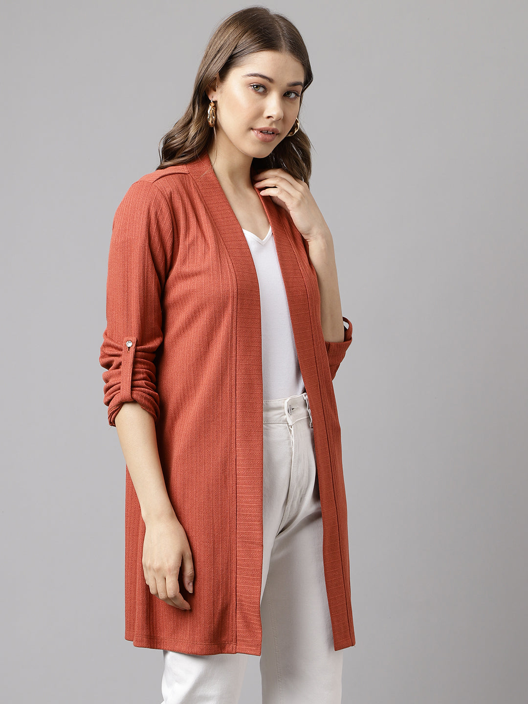 Rust Full Sleeve Solid Rayon Shrug