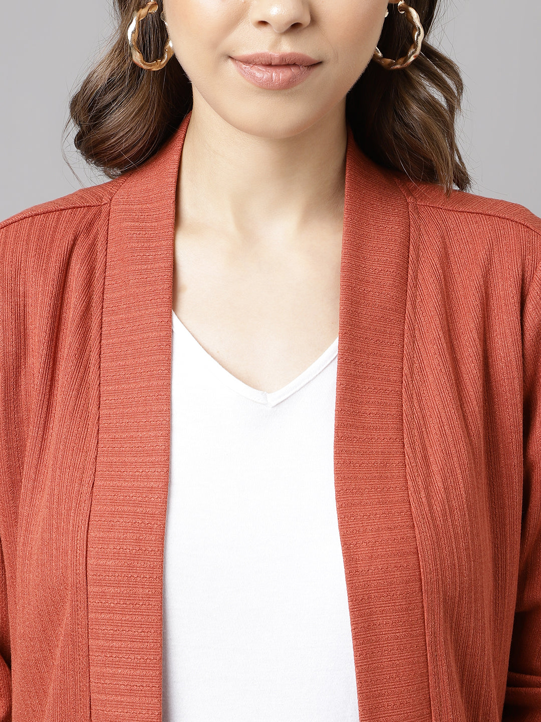 Rust Full Sleeve Solid Rayon Shrug