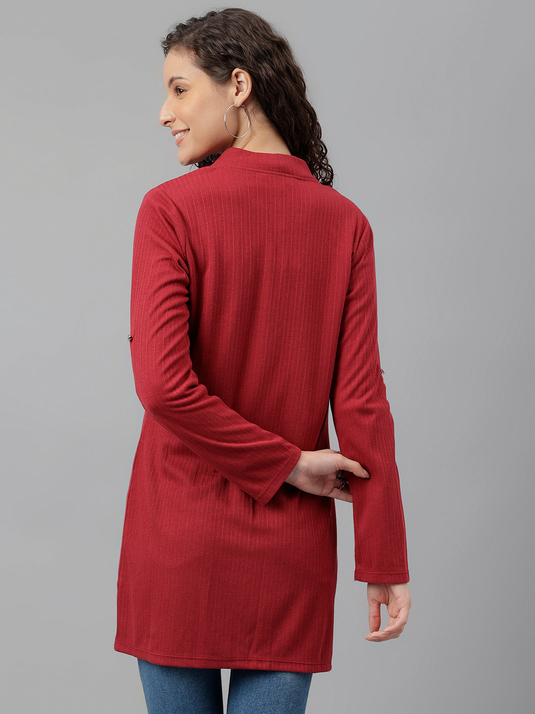 Maroon Full Sleeve Solid Long Shrug