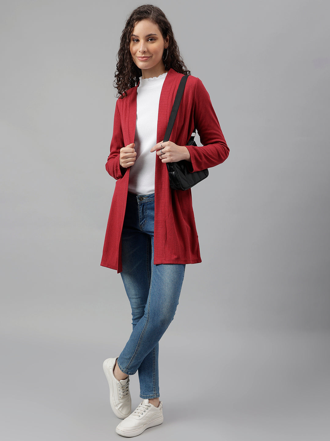 Maroon Full Sleeve Solid Long Shrug