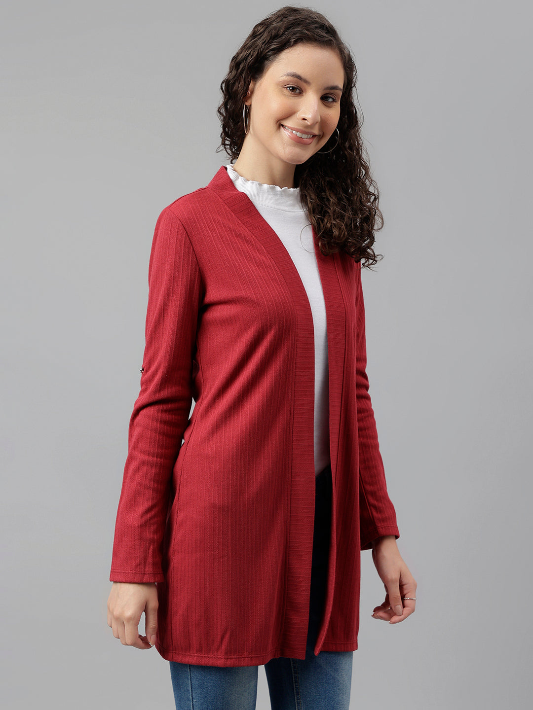 Maroon Full Sleeve Solid Long Shrug