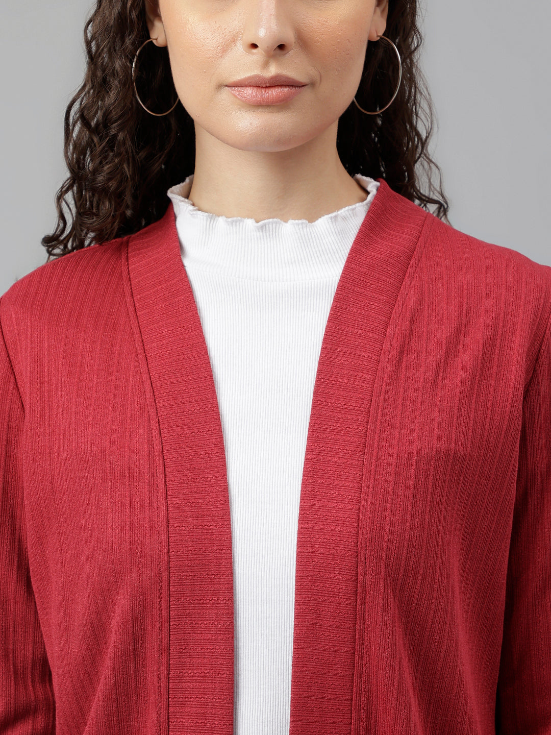Maroon Full Sleeve Solid Long Shrug