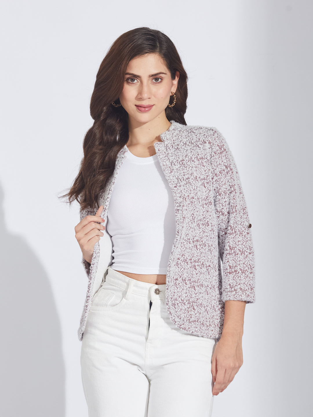 Latin Quarters Women's Maroon Jacquard Knit Hairy Shrug Cardigan