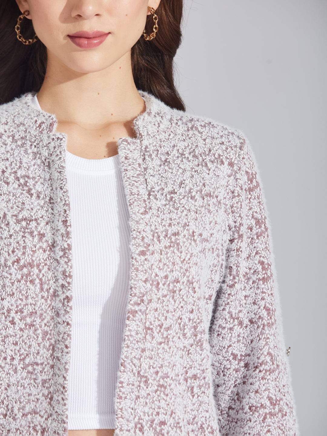 Latin Quarters Women's Maroon Jacquard Knit Hairy Shrug Cardigan