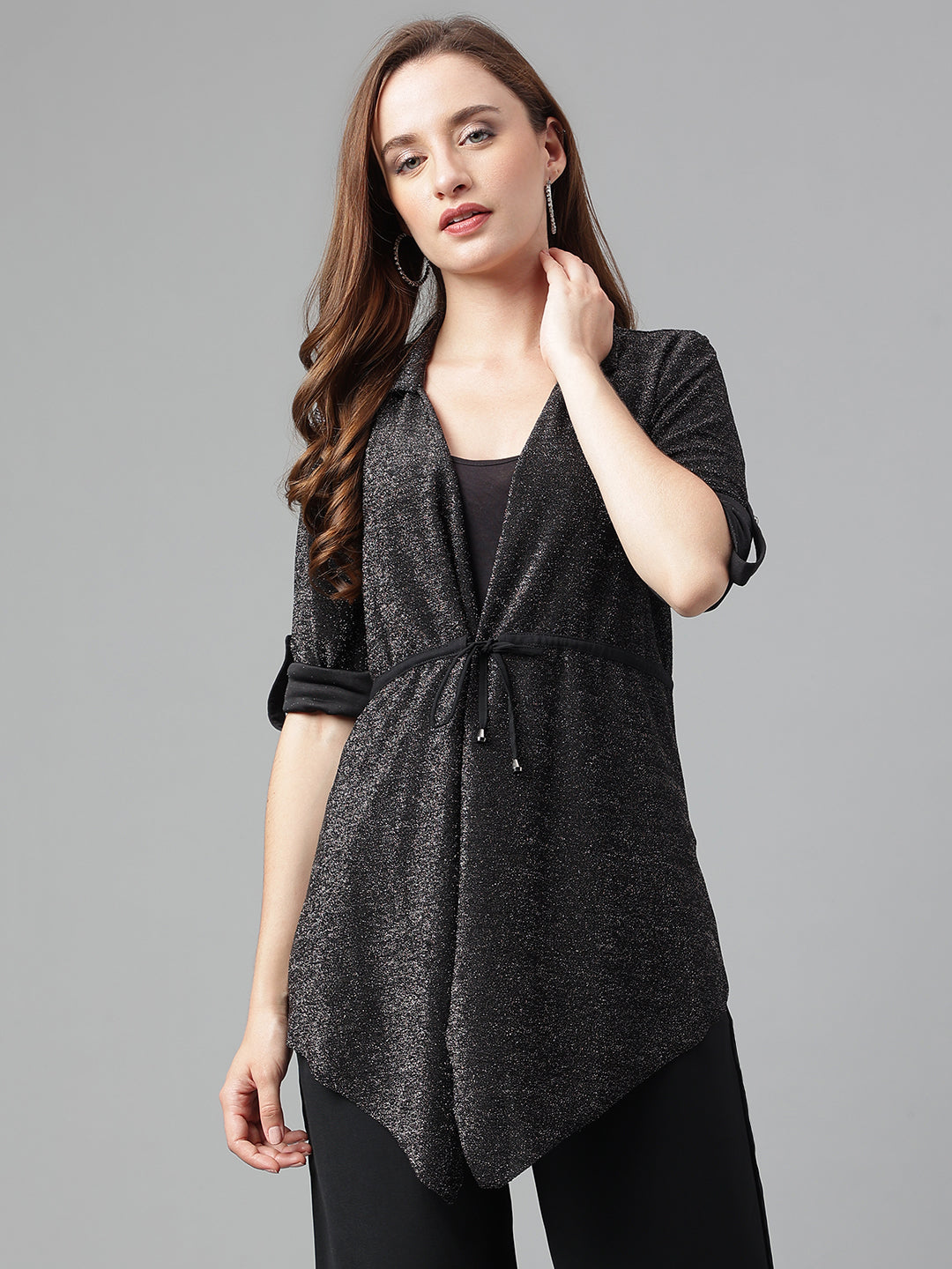 Black 3/4 Sleeve Solid Shrug