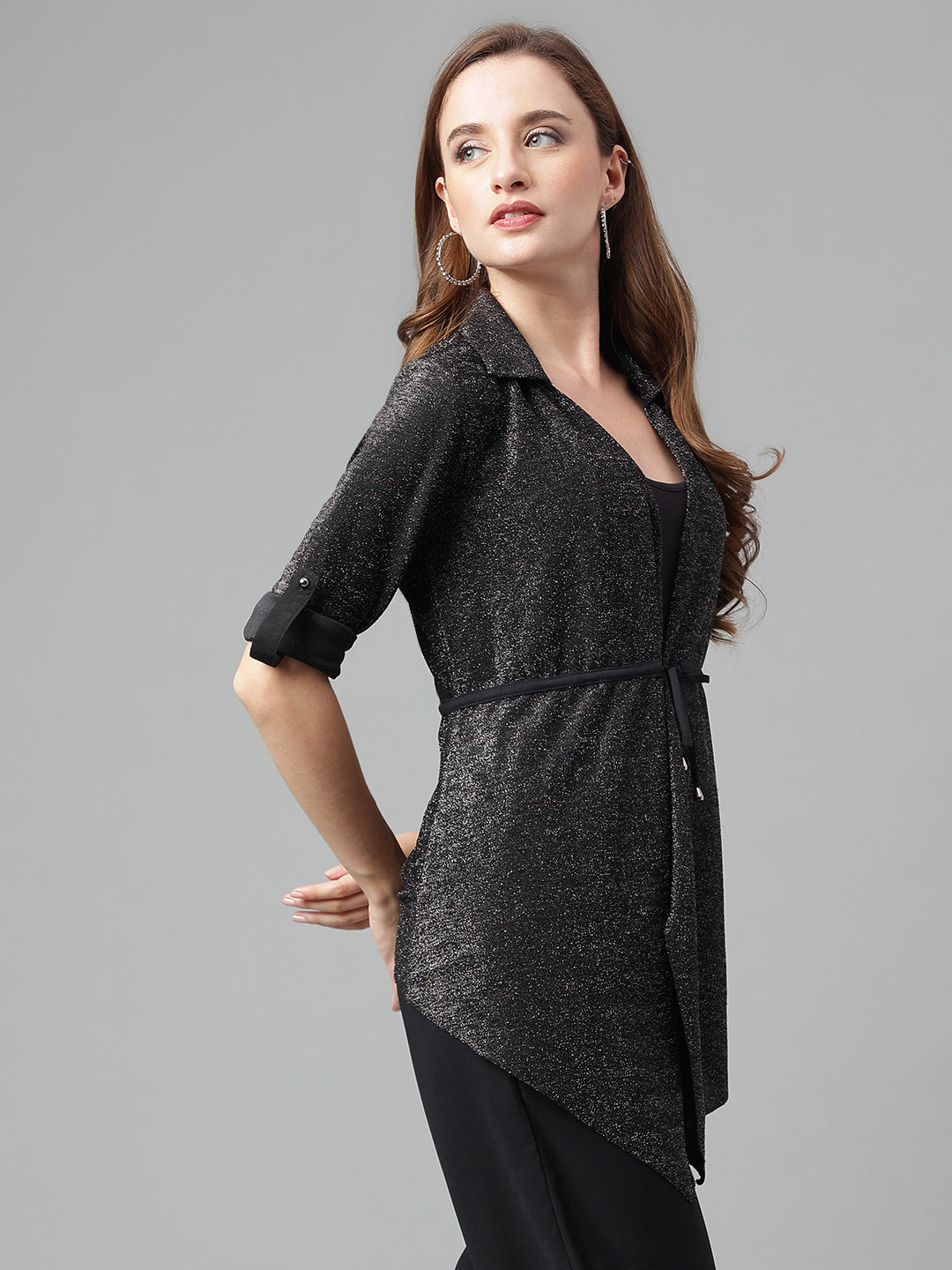 Black 3/4 Sleeve Solid Shrug