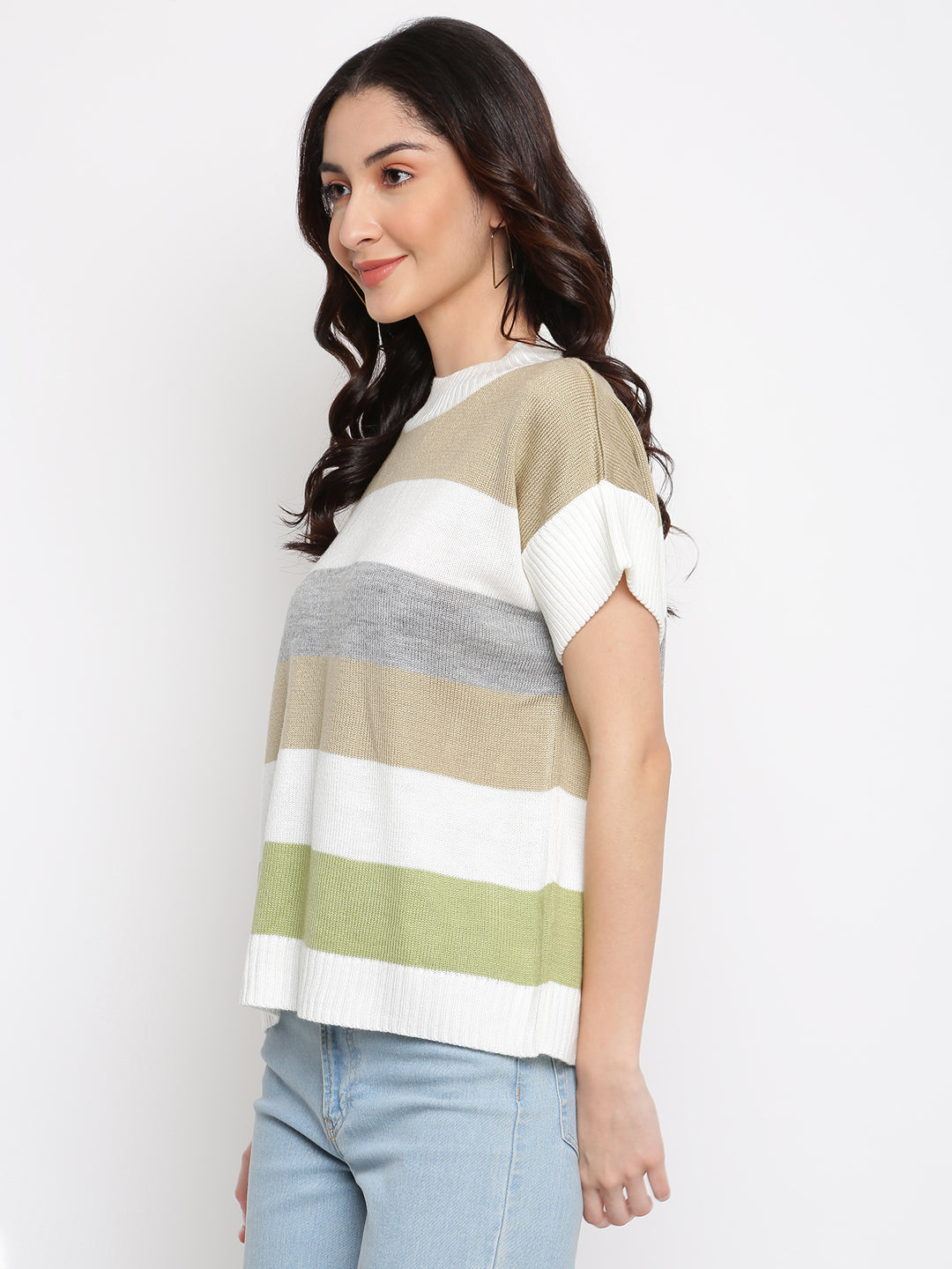 Green Round Neck Half Sleeve Pullover Sweater For Casual