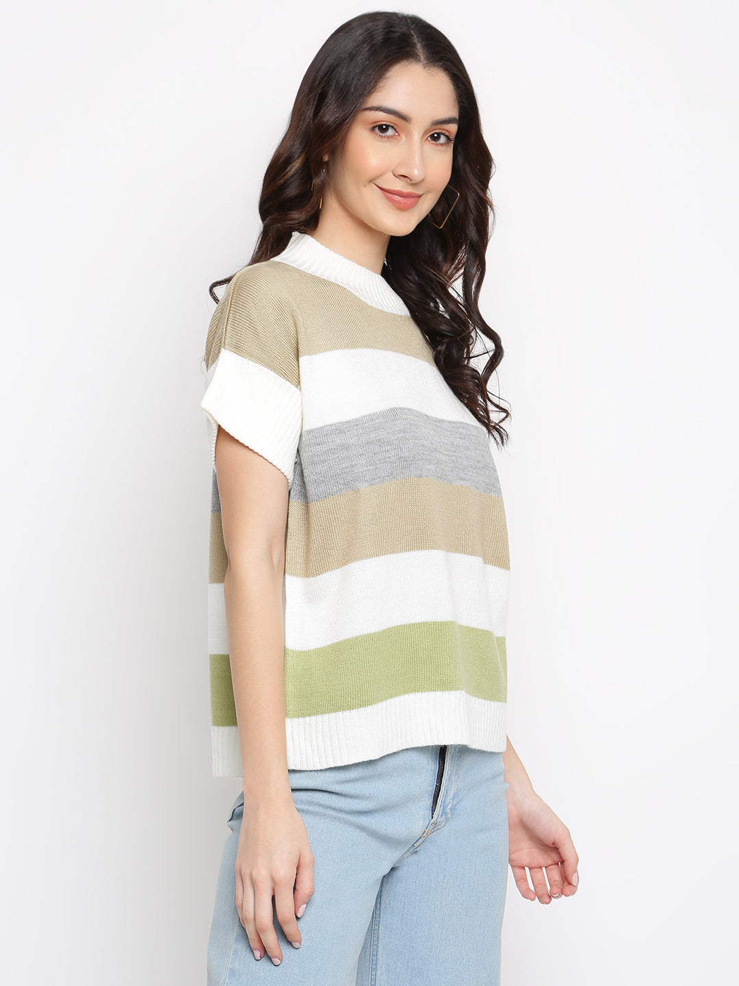 Green Round Neck Half Sleeve Pullover Sweater For Casual