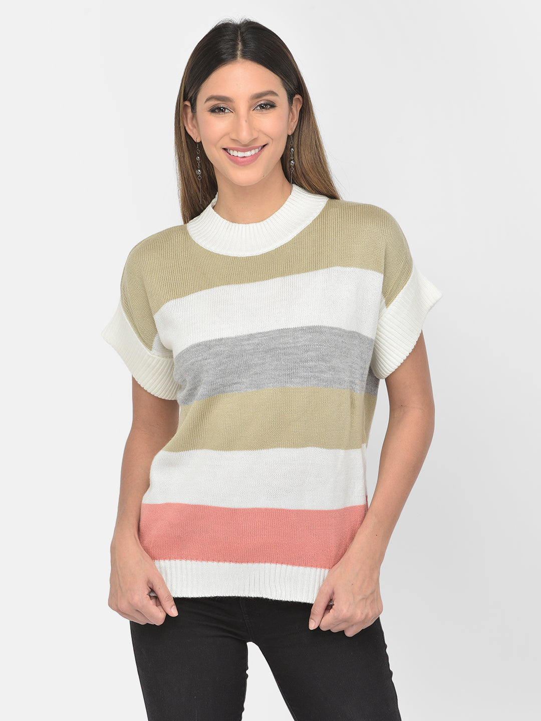 Pink Round Neck Half Sleeve Pullover Sweater For Casual