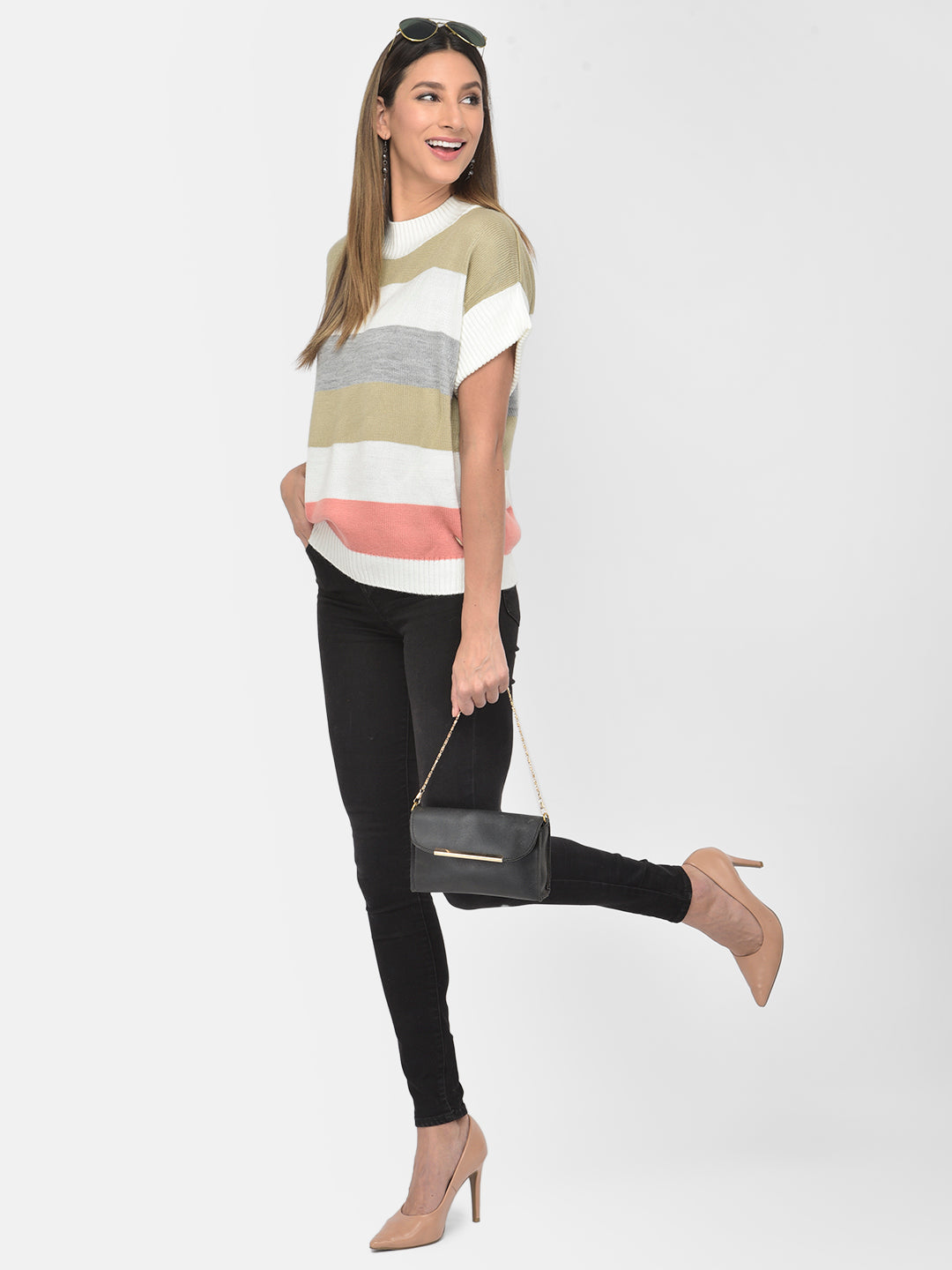 Pink Round Neck Half Sleeve Pullover Sweater For Casual