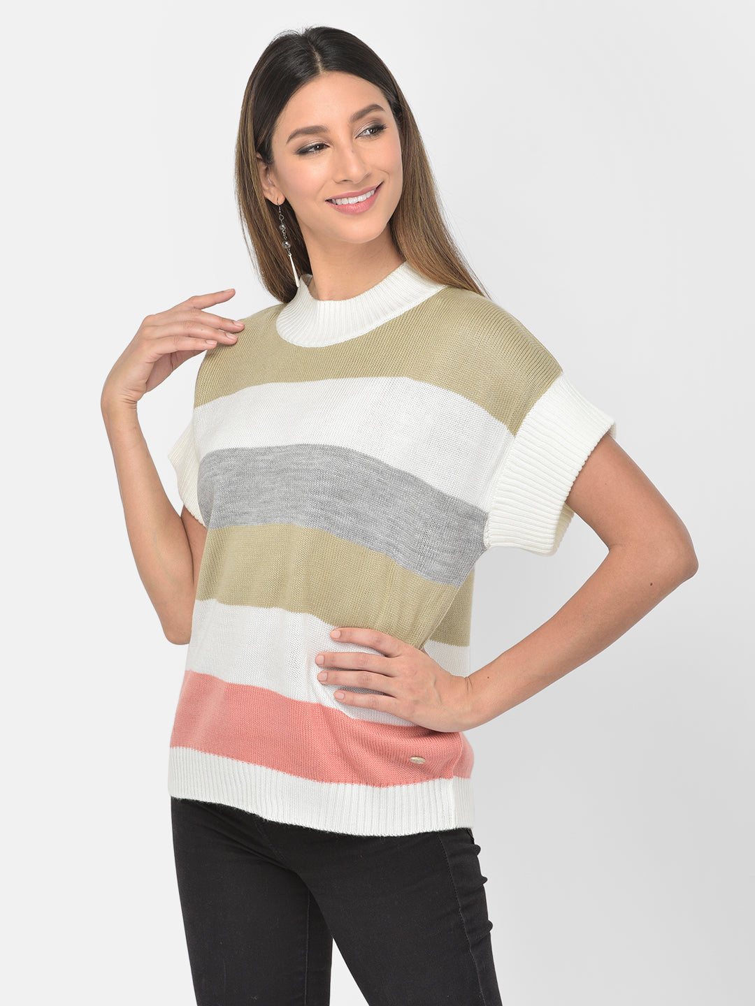 Pink Round Neck Half Sleeve Pullover Sweater For Casual