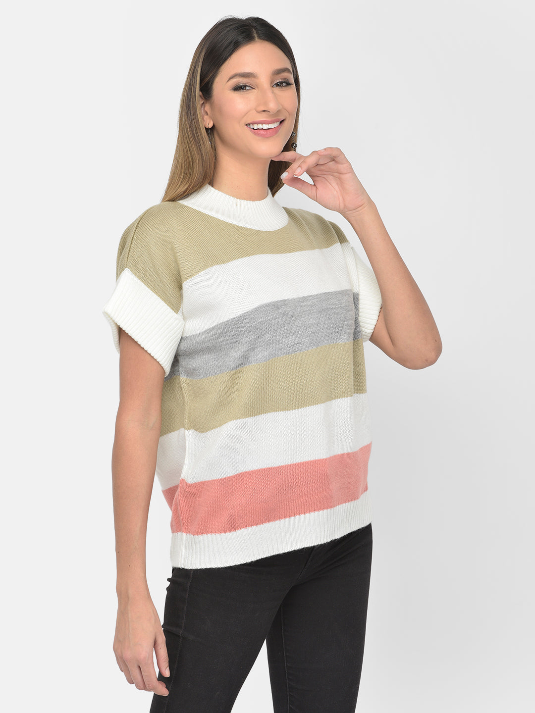 Pink Round Neck Half Sleeve Pullover Sweater For Casual