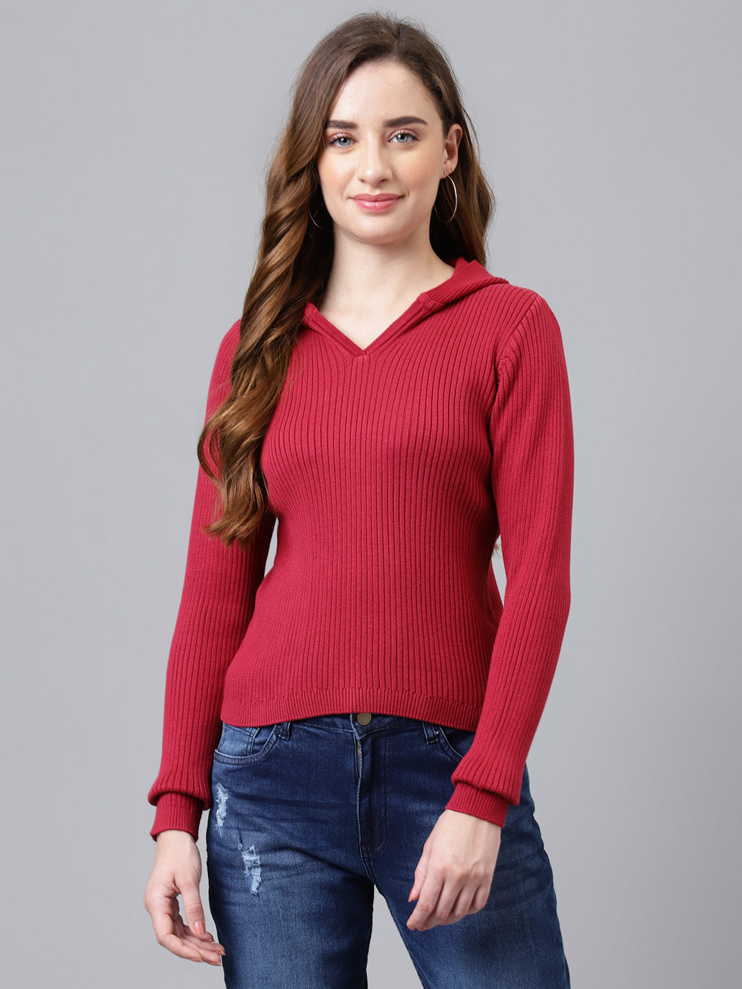Rose Full Sleeve Solid Women Hoodie Sweater Top For Casual