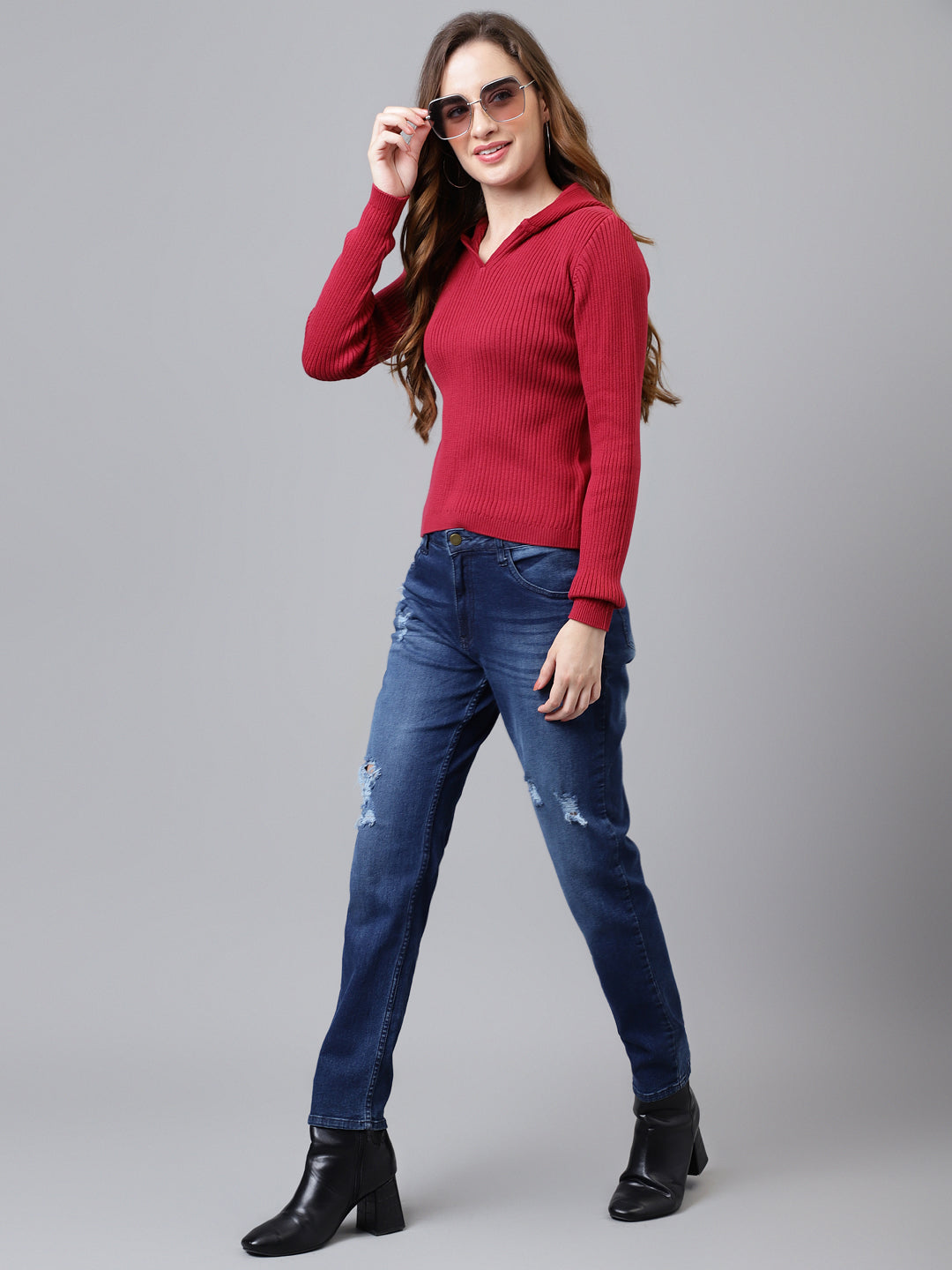 Rose Full Sleeve Solid Women Hoodie Sweater Top For Casual