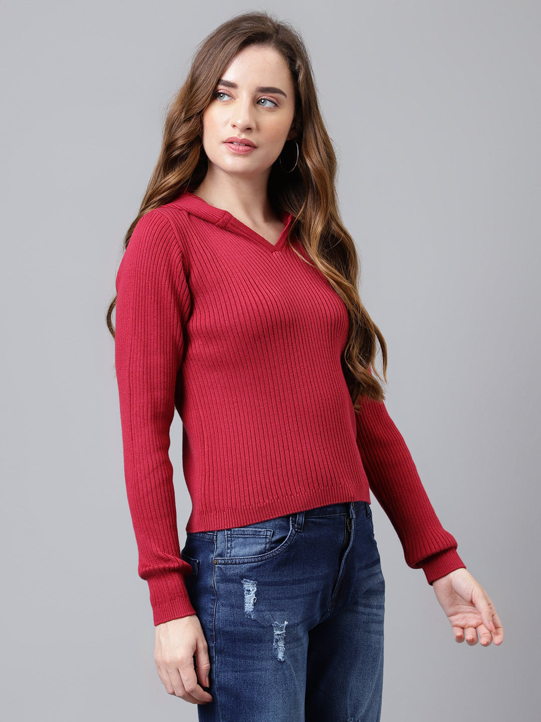Rose Full Sleeve Solid Women Hoodie Sweater Top For Casual