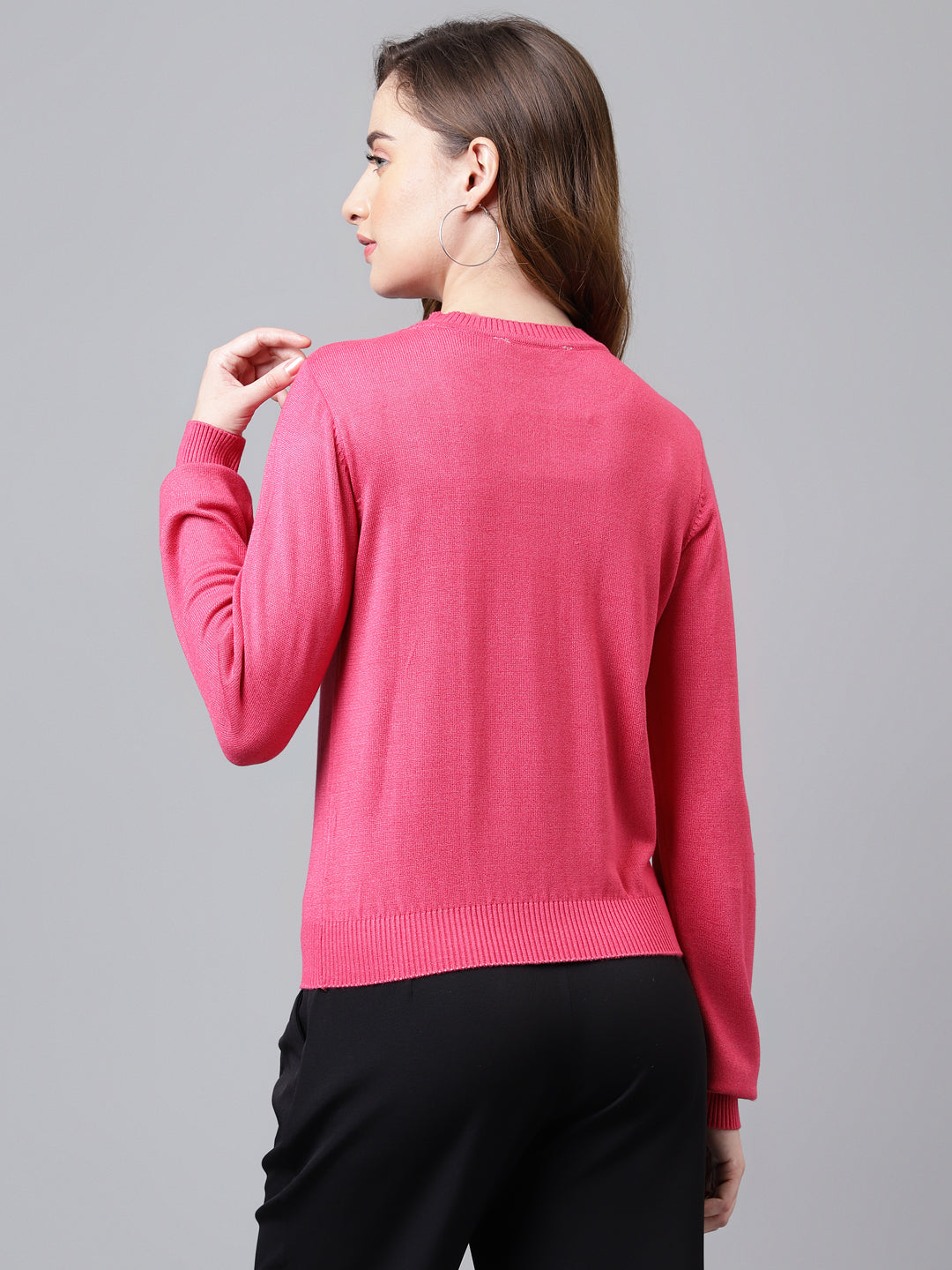 Fuchsia Full Sleeve Solid Women Pullover Sweater Top For Casual