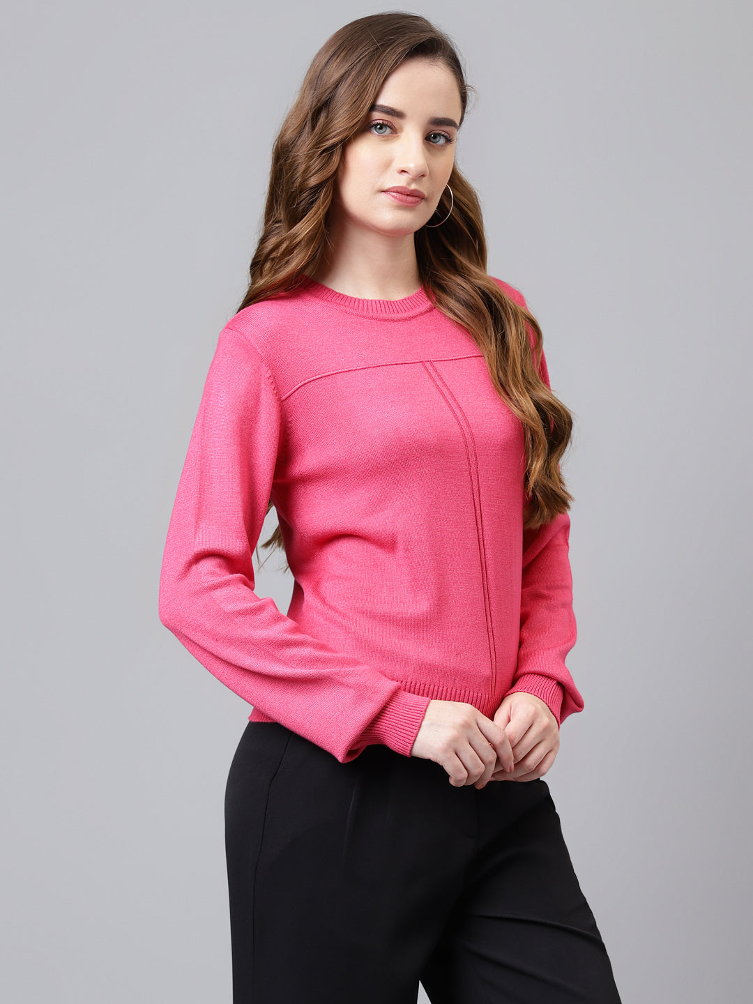 Fuchsia Full Sleeve Solid Women Pullover Sweater Top For Casual