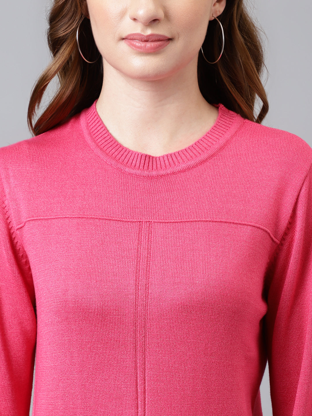 Fuchsia Full Sleeve Solid Women Pullover Sweater Top For Casual
