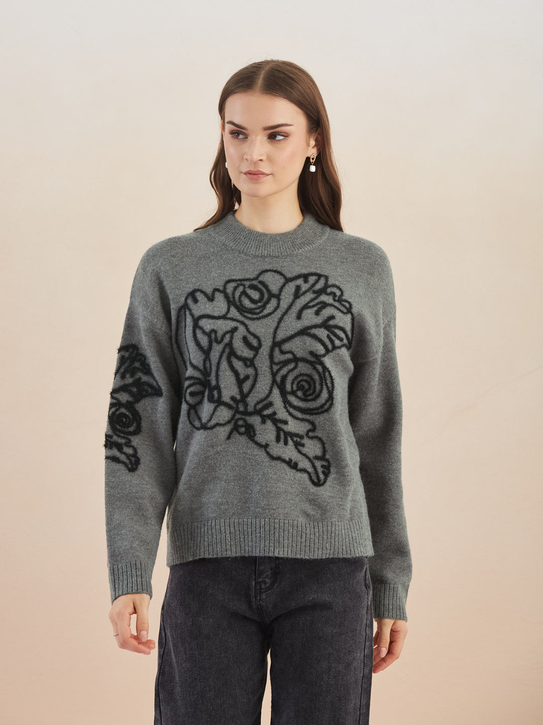 Latin Quarters Women's Grey Full Sleeves Round Neck Self Design Casual Hip Length Sweater