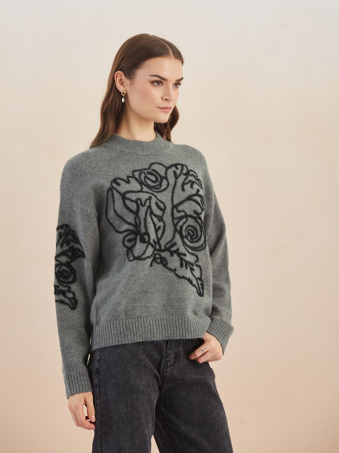 Latin Quarters Women's Grey Full Sleeves Round Neck Self Design Casual Hip Length Sweater
