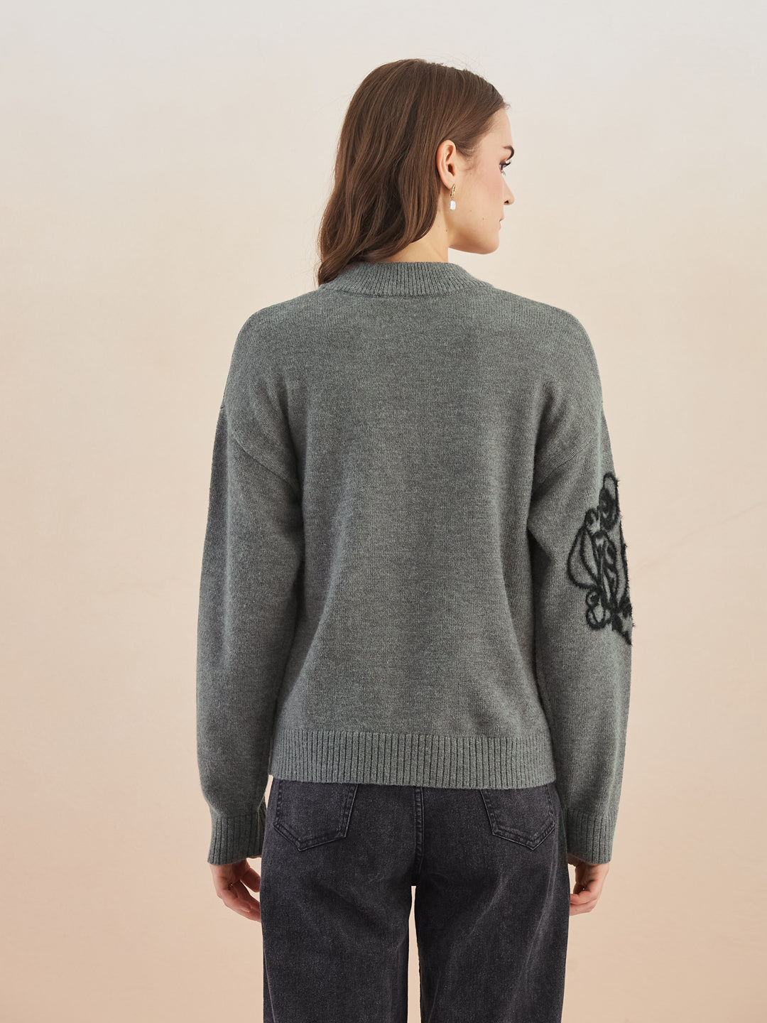 Latin Quarters Women's Grey Full Sleeves Round Neck Self Design Casual Hip Length Sweater
