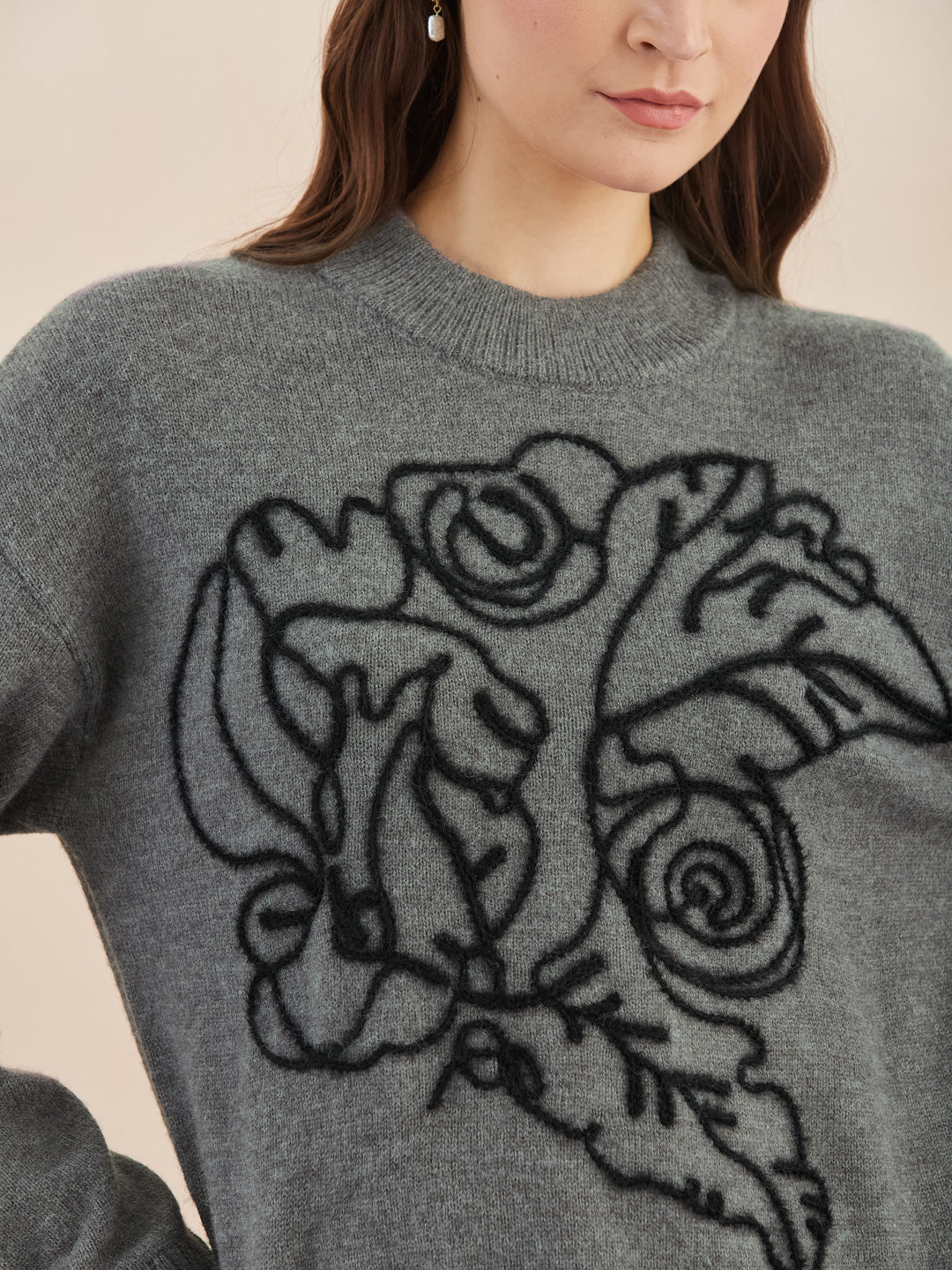 Latin Quarters Women's Grey Full Sleeves Round Neck Self Design Casual Hip Length Sweater