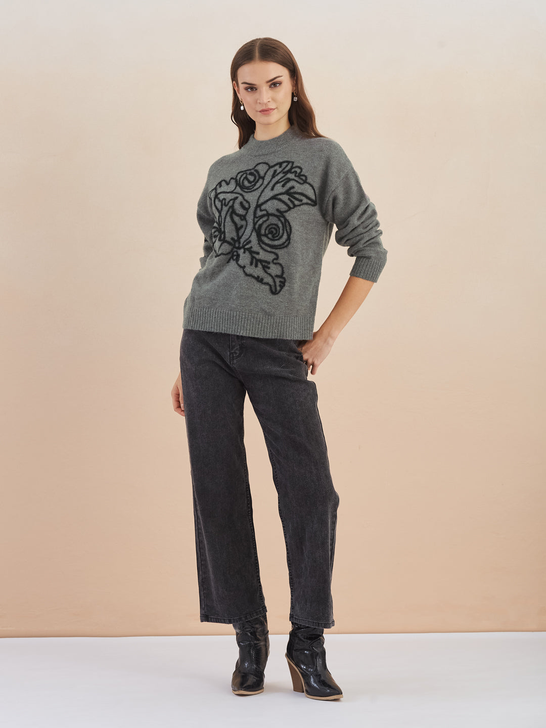 Latin Quarters Women's Grey Full Sleeves Round Neck Self Design Casual Hip Length Sweater