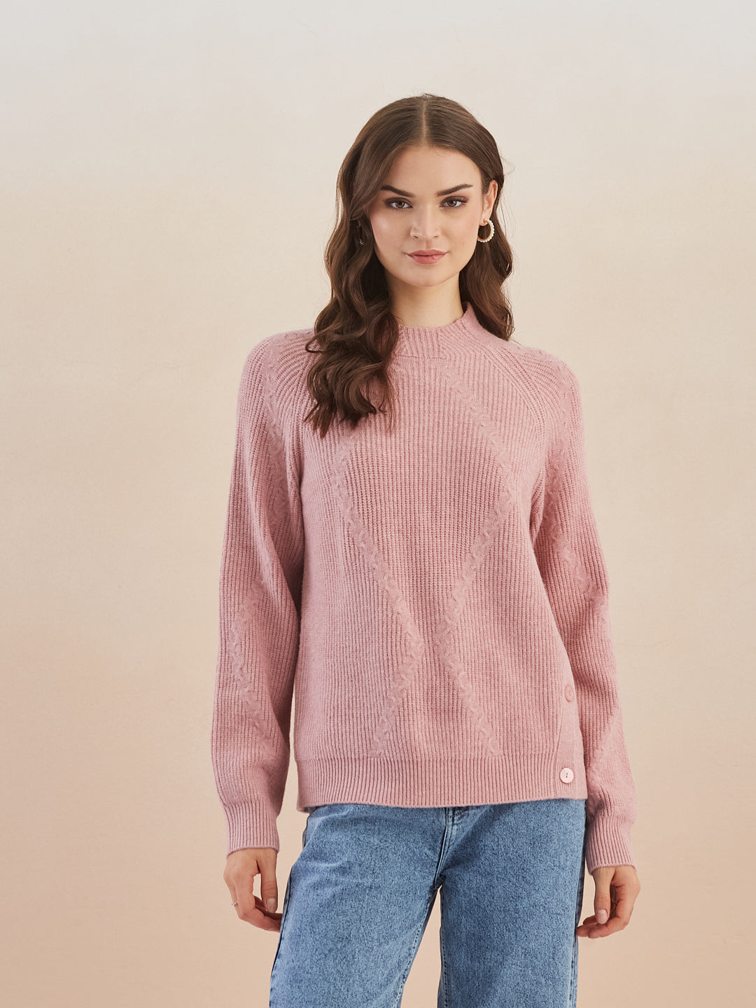 Latin Quarters Women's Pink Full Sleeves Round Neck Knitted Casual Hip Length Sweater