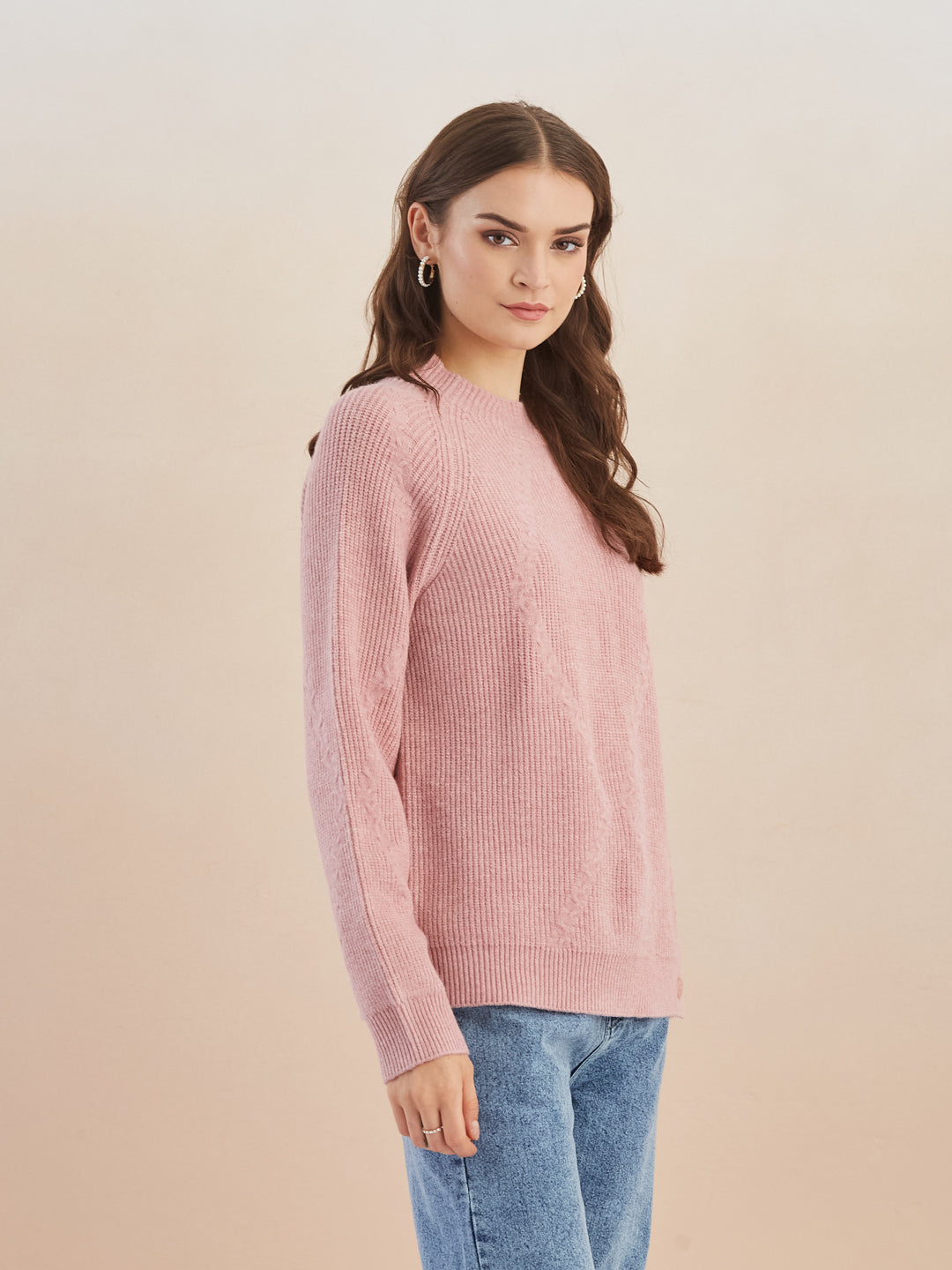 Latin Quarters Women's Pink Full Sleeves Round Neck Knitted Casual Hip Length Sweater