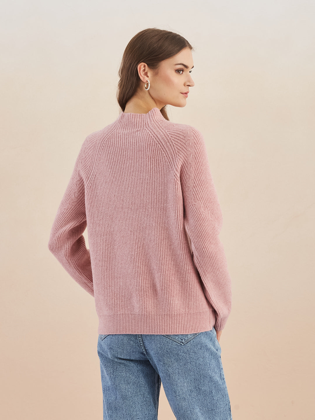 Latin Quarters Women's Pink Full Sleeves Round Neck Knitted Casual Hip Length Sweater