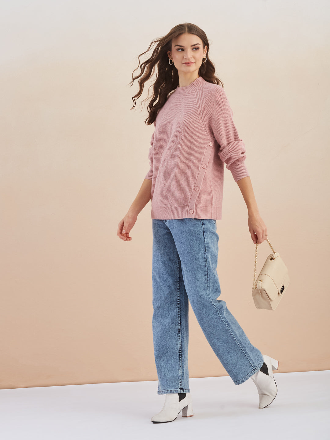 Latin Quarters Women's Pink Full Sleeves Round Neck Knitted Casual Hip Length Sweater
