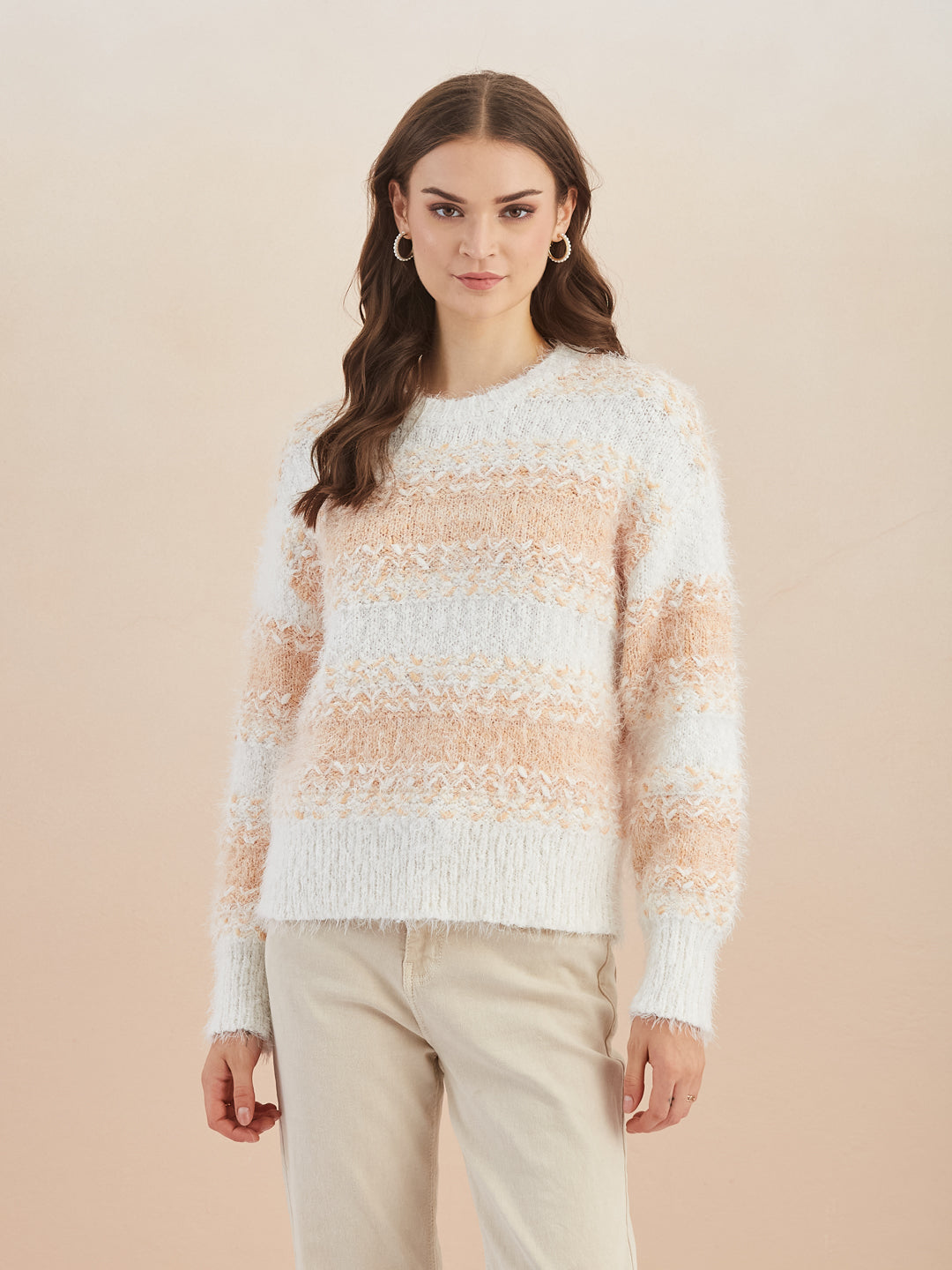 Latin Quarters Women's White Full Sleeves Round Neck Knitted Casual Regular Sweater