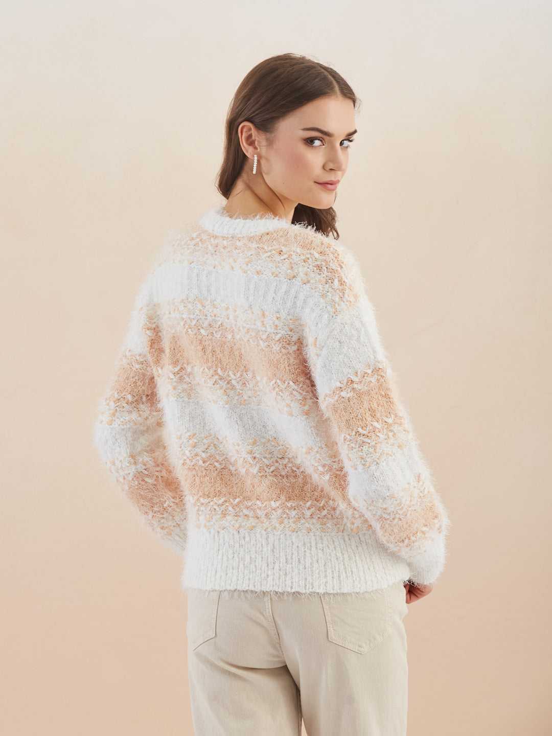 Latin Quarters Women's White Full Sleeves Round Neck Knitted Casual Regular Sweater