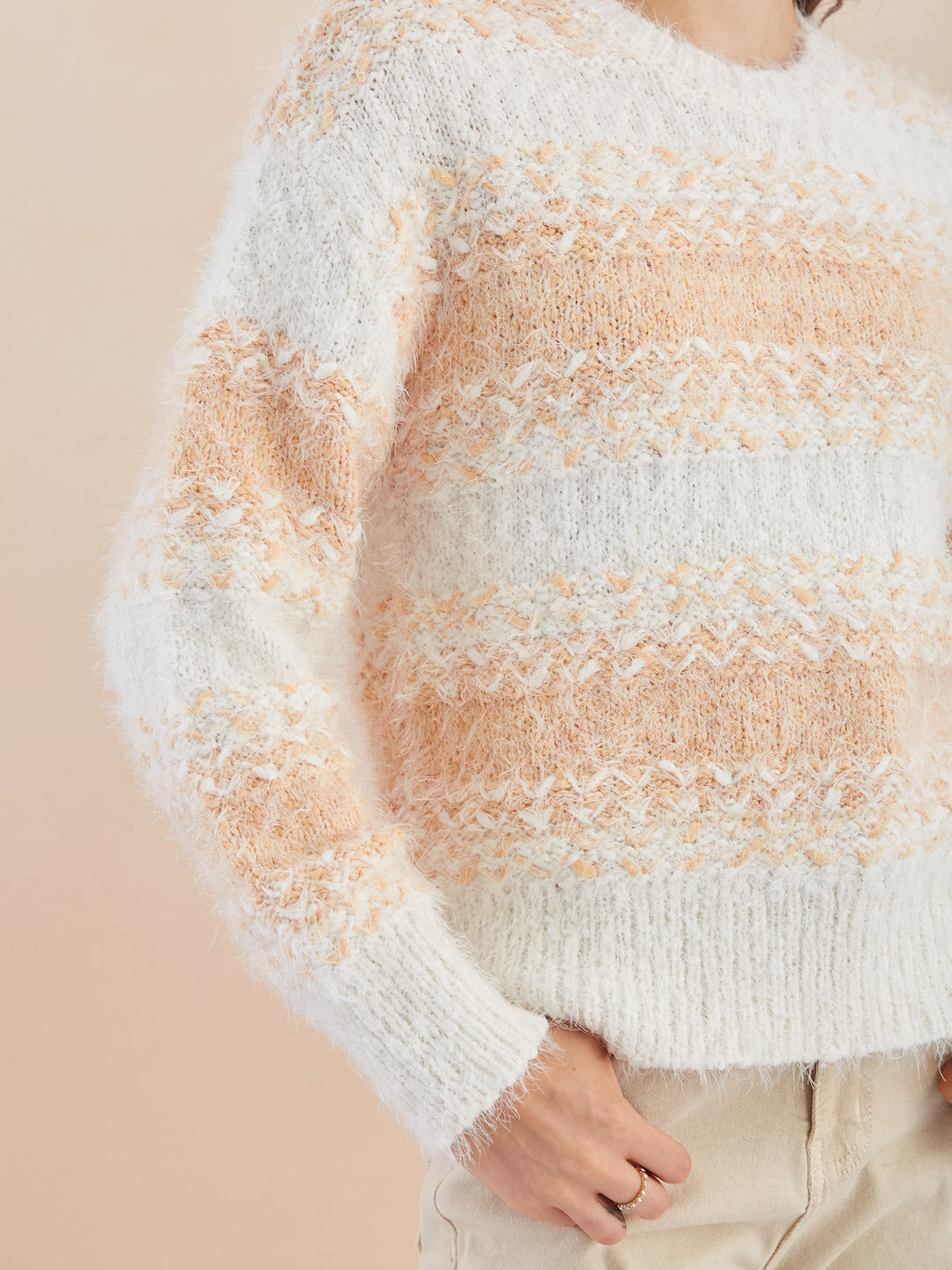 Latin Quarters Women's White Full Sleeves Round Neck Knitted Casual Regular Sweater