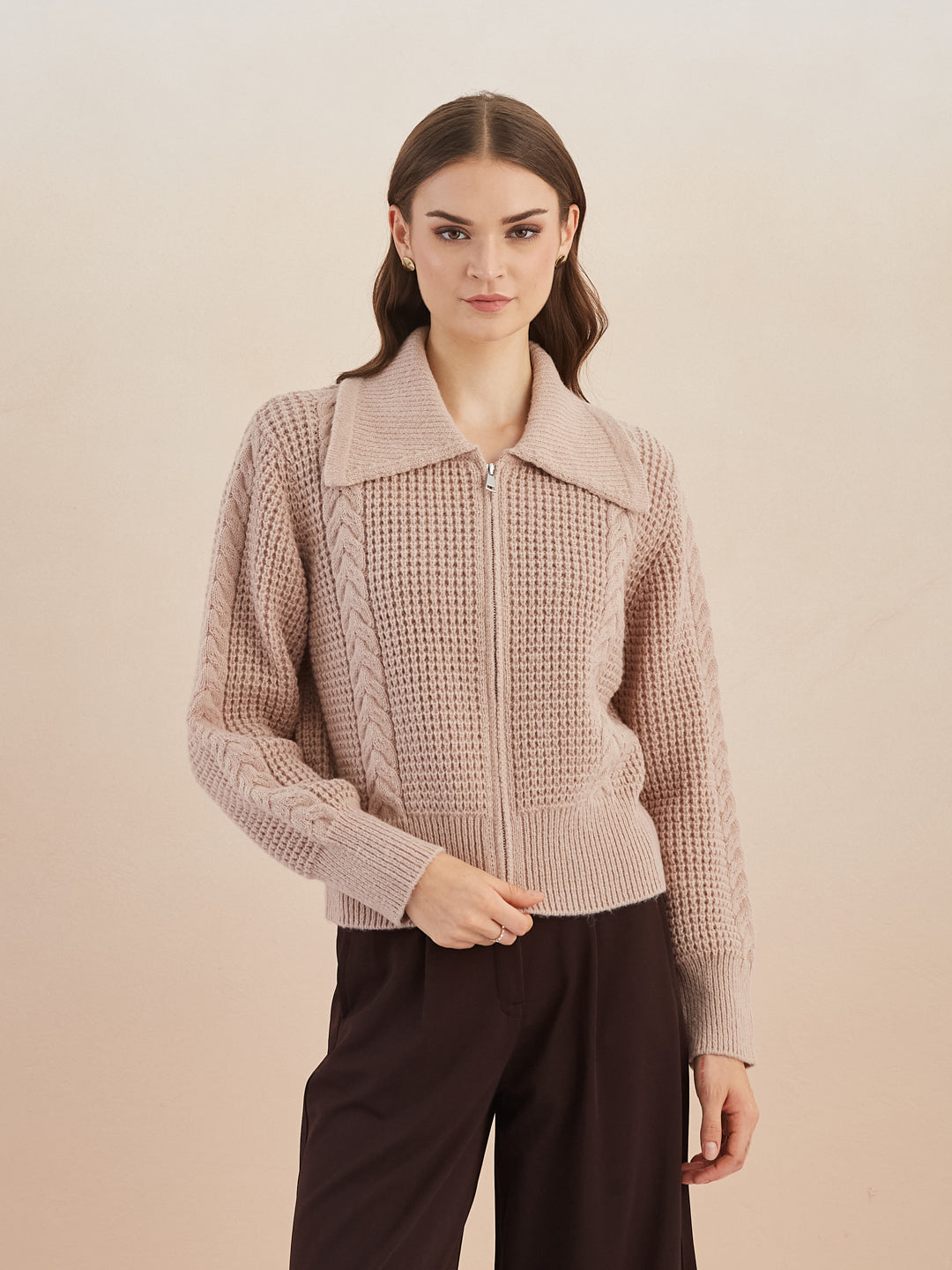 Latin Quarters Women's Beige Full Sleeves Collared Knitted Casual Regular Cardigan