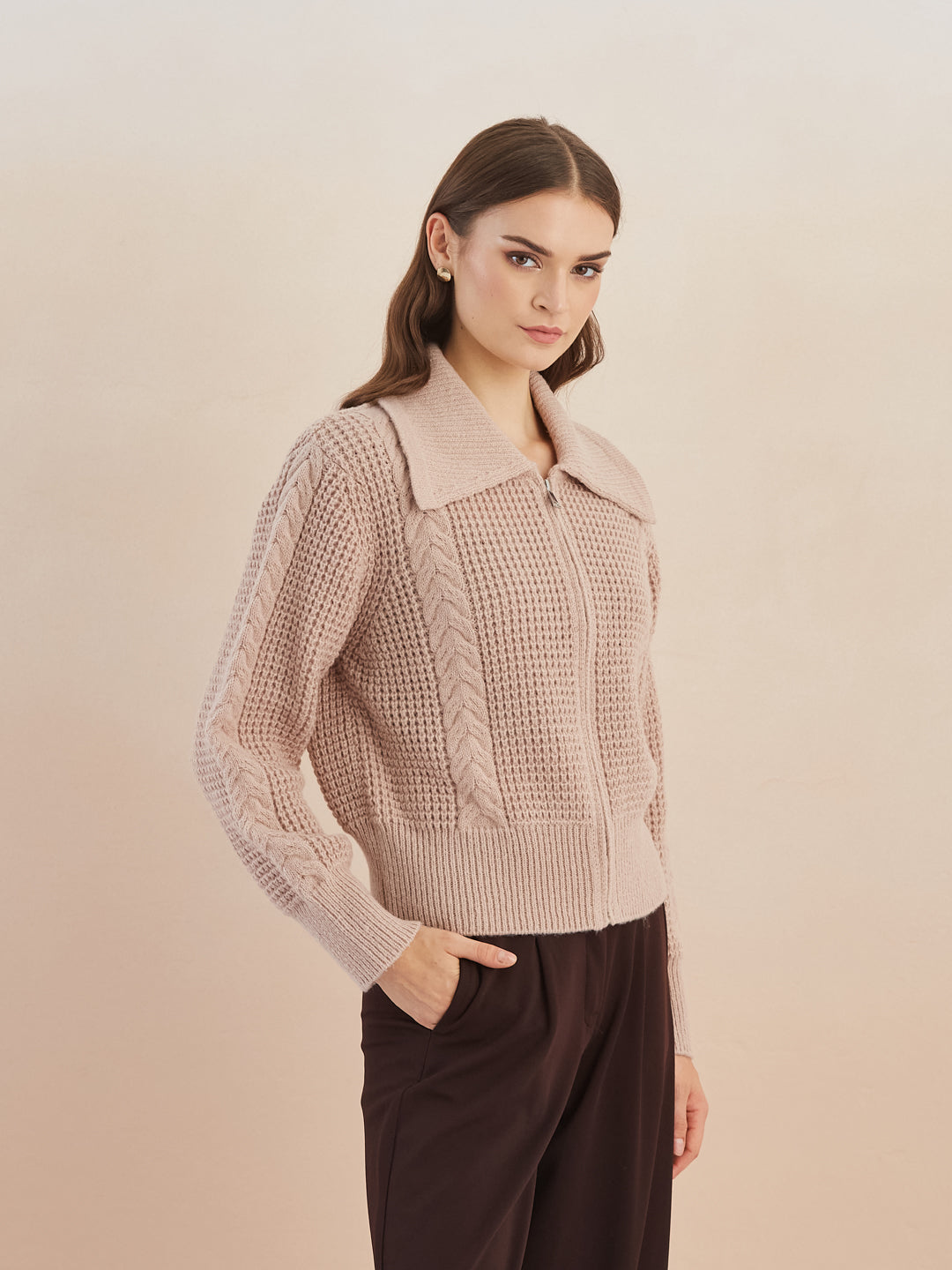 Latin Quarters Women's Beige Full Sleeves Collared Knitted Casual Regular Cardigan