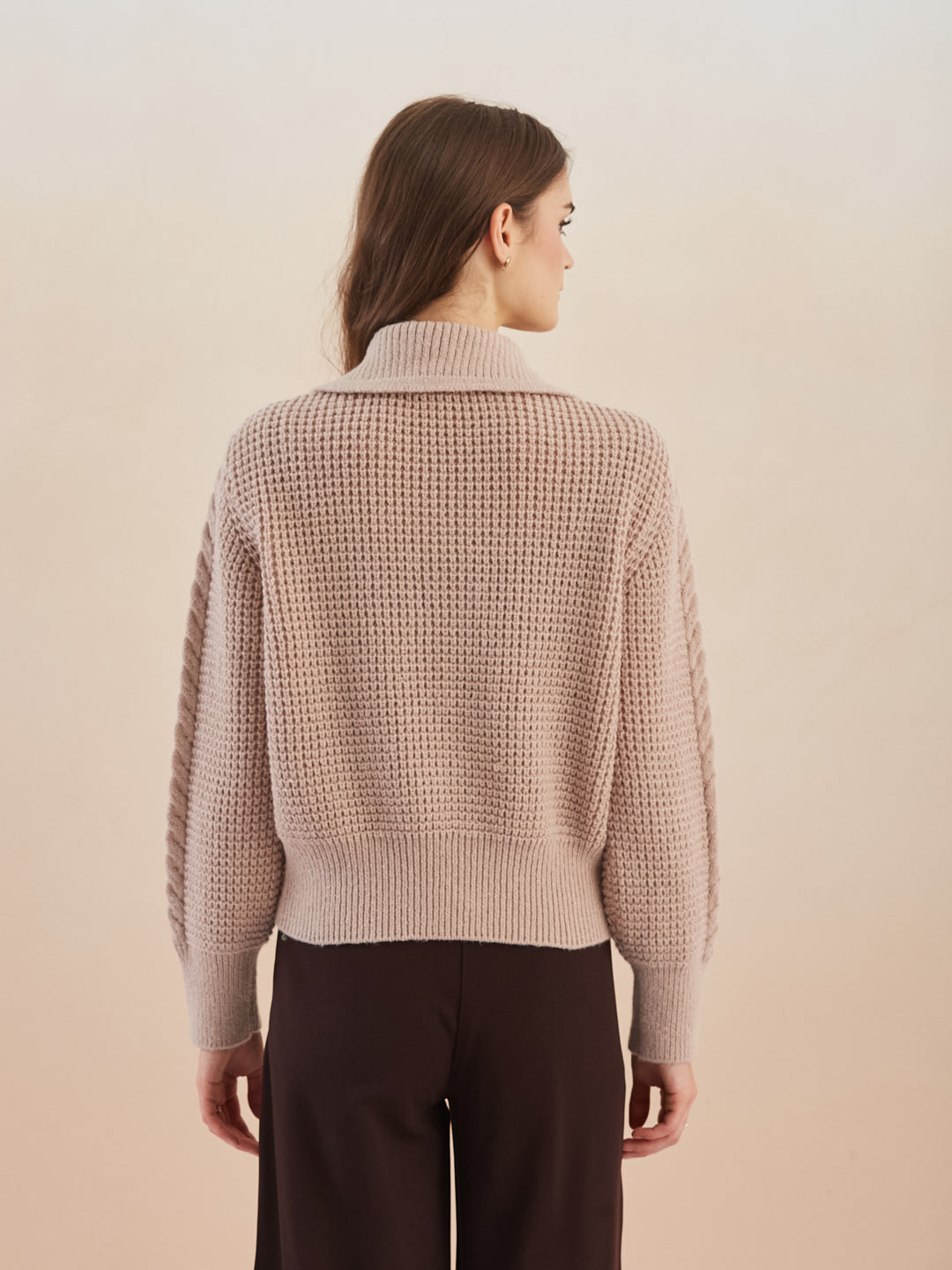 Latin Quarters Women's Beige Full Sleeves Collared Knitted Casual Regular Cardigan