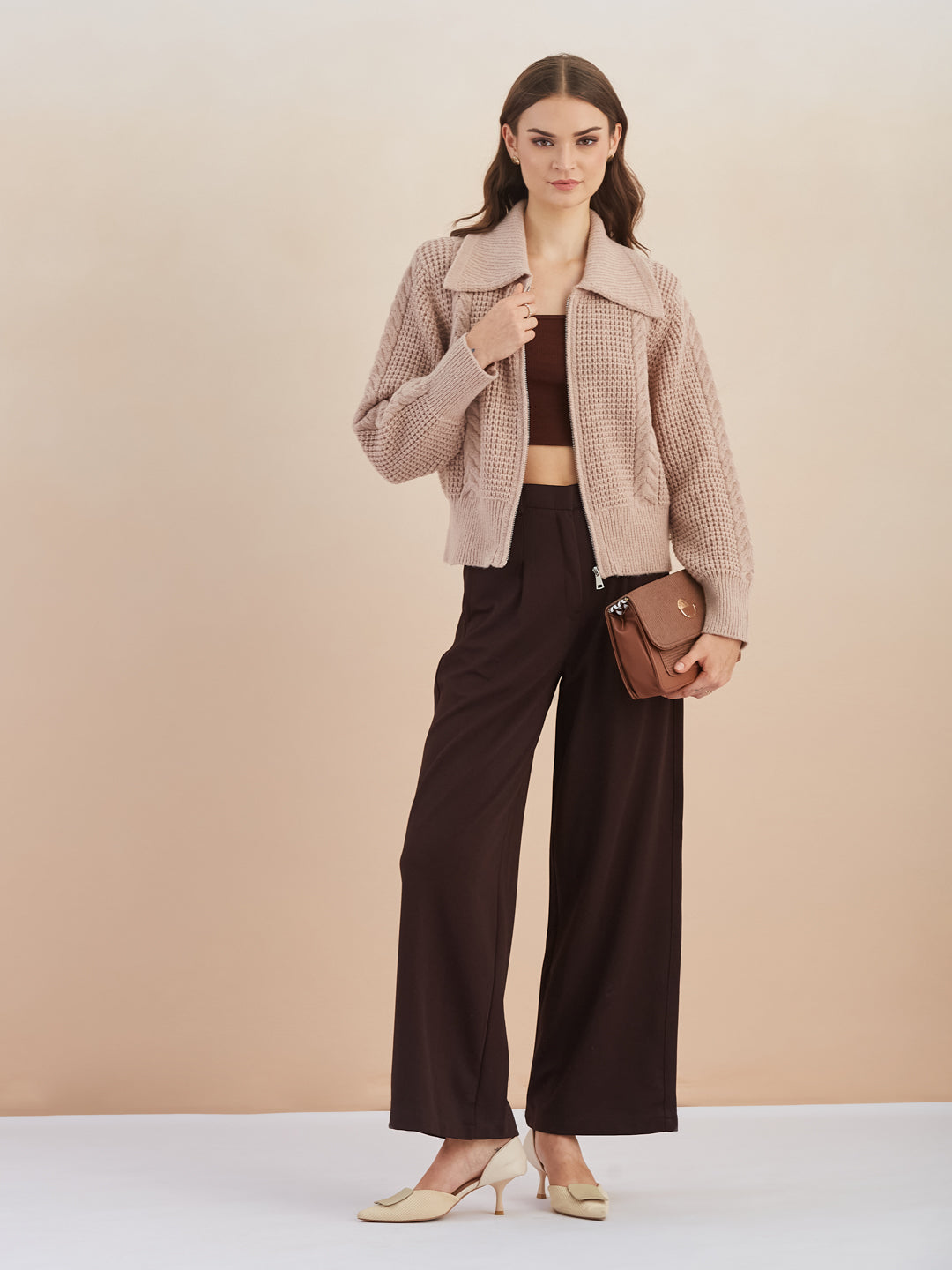 Latin Quarters Women's Beige Full Sleeves Collared Knitted Casual Regular Cardigan