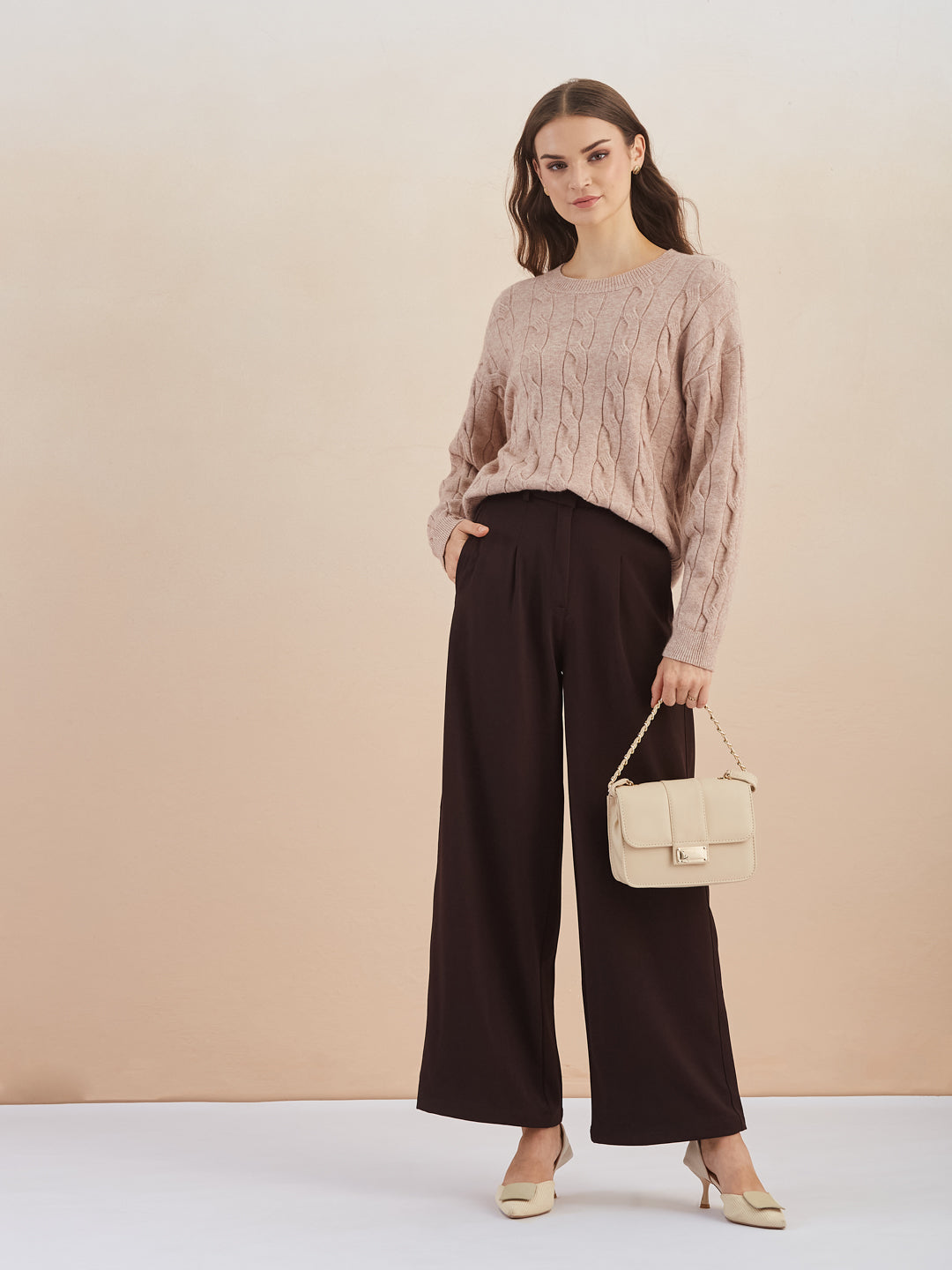 Latin Quarters Women'S Beige Round Neck Full Sleeves Self Design Casual Sweater