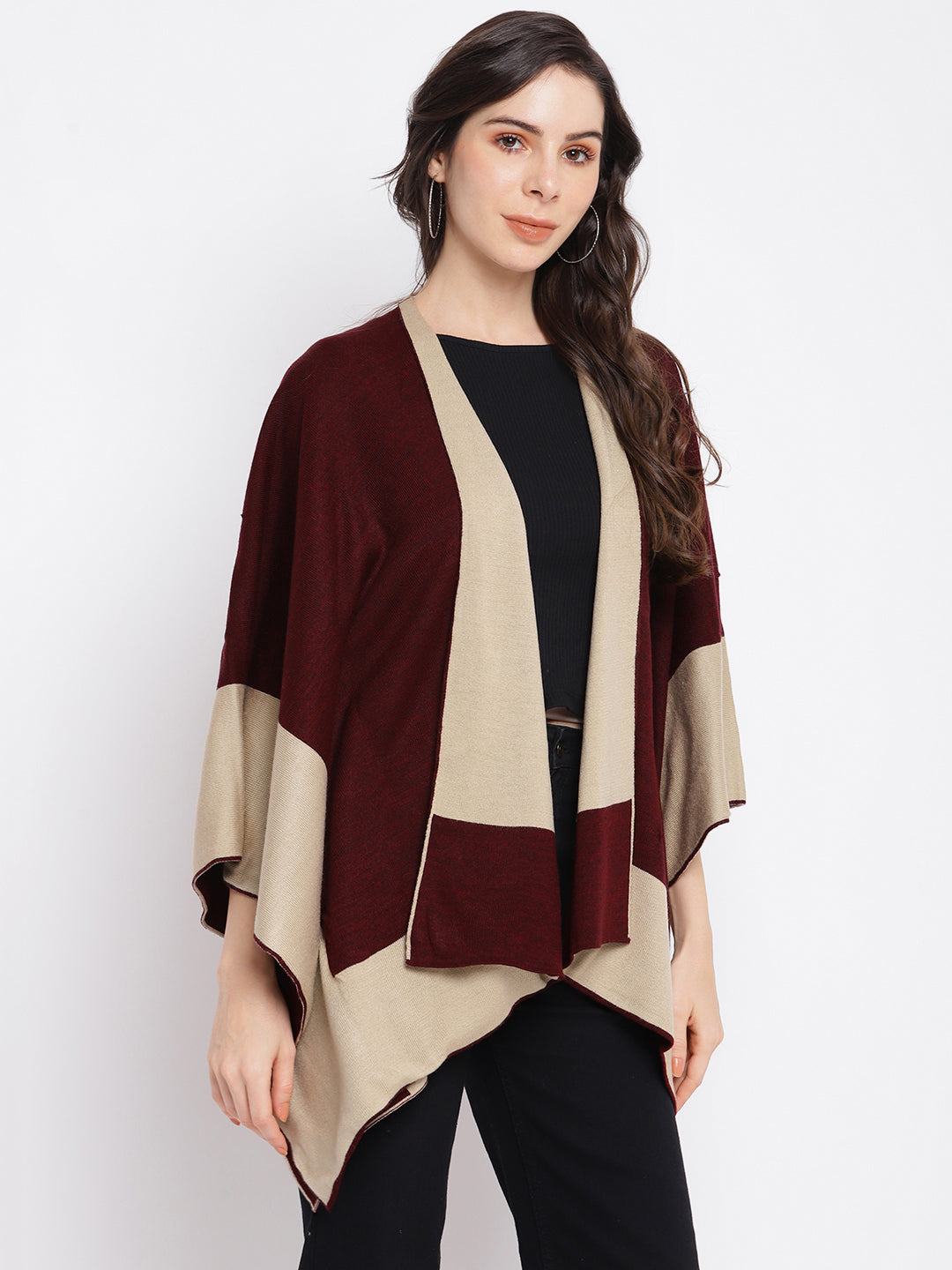 Women Maroon 3/4 Sleeve Casual Shrug