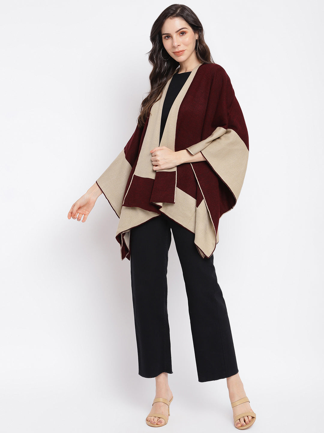 Women Maroon 3/4 Sleeve Casual Shrug